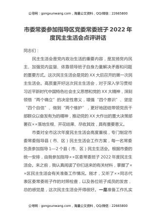 市委常委参加指导区党委常委班子2022年度民主生活会点评讲话