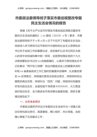 市委政法委领导班子落实市委巡视整改专题民主生活会情况的报告