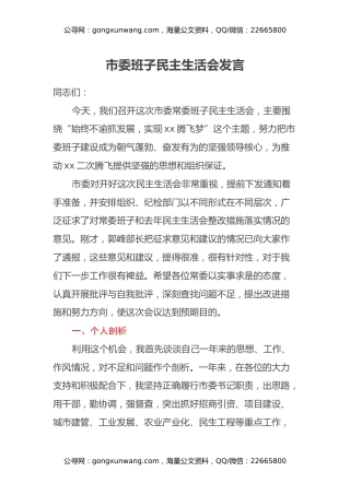 市委班子民主生活会发言
