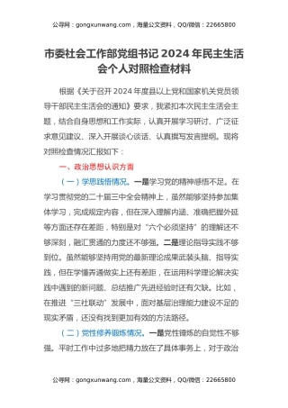 市委社会工作部党组书记2024年民主生活会个人对照检查材料