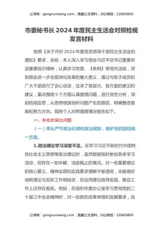 市委秘书长2024年度民主生活会对照检视发言材料（四个带头+以案为鉴与自我反思）