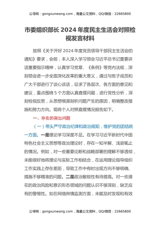 市委组织部长2024年度民主生活会对照检视发言材料（四个带头+违纪案例剖析）