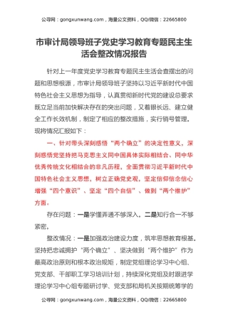 市审计局领导班子党史学习教育专题民主生活会整改情况报告
