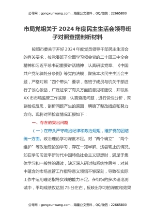 市局党组关于2024年度民主生活会领导班子对照查摆剖析材料（四个带头+典型案例剖析）