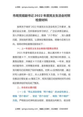 市局党组副书记2022年度民主生活会对照检查材料