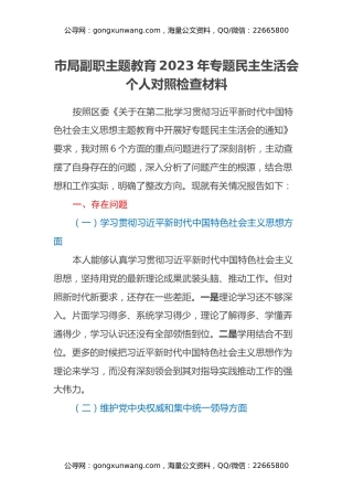 市局副职主题教育2023年专题民主生活会个人对照检查材料