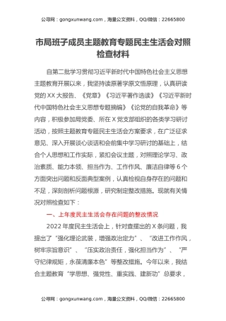 市局班子成员主题教育专题民主生活会对照检查材料