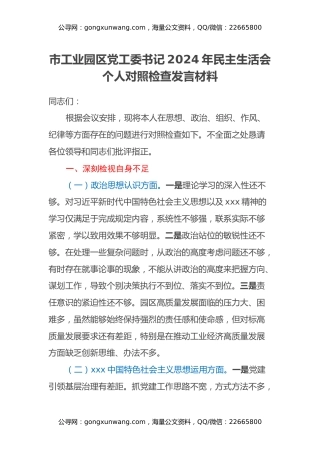 市工业园区党工委书记2024年民主生活会个人对照检查发言材料