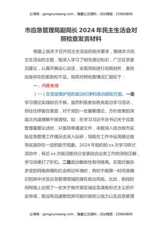 市应急管理局副局长2024年民主生活会对照检查发言材料