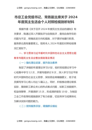 市总工会党组书记、常务副主席关于2024年度民主生活会个人对照检视剖析材料（主题教育整改措施落实情况+四个带头+以案为鉴、反思差距不足）
