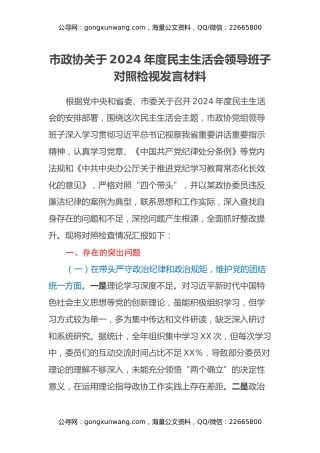 市政协关于2024年度民主生活会领导班子对照检视发言材料（四个带头+违纪行为典型案例剖析）