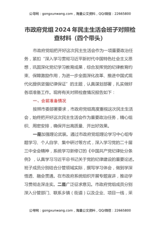 市政府党组2024年民主生活会班子对照检查材料（四个带头）