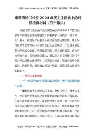 市政府秘书长在2024年民主生活会上的对照检查材料（四个带头）