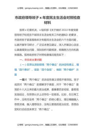 市政府领导班子x年度民主生活会对照检查材料