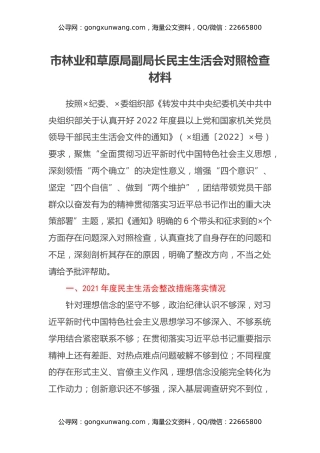 市林业和草原局副局长民主生活会对照检查材料