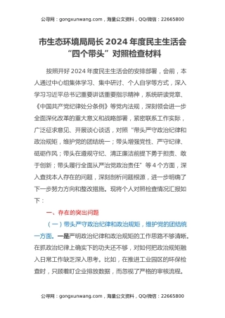 市生态环境局局长2024年度民主生活会“四个带头”对照检查材料
