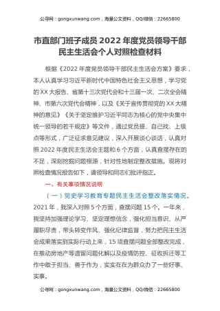 市直部门班子成员2022年度党员领导干部民主生活会个人对照检查材料