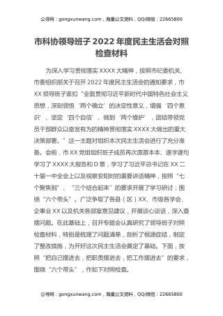 市科协领导班子2022年度民主生活会对照检查材料