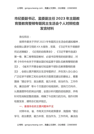 市纪委副书记、监委副主任2023年主题教育暨教育整顿专题民主生活会个人对照检查发言材料（六个方面）