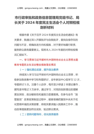 市行政审批和政务信息管理局党组书记、局长关于2024年度民主生活会个人对照检视剖析材料（主题教育整改措施落实情况+四个带头+违纪行为典型案例，举一反三剖析）