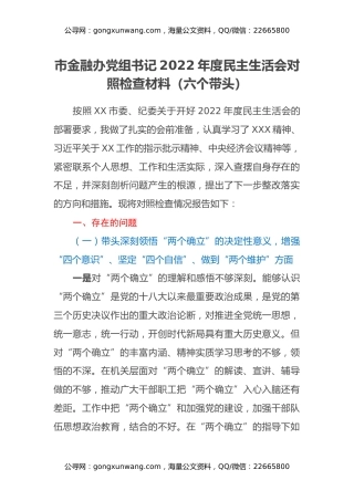 市金融办党组书记2022年度民主生活会对照检查材料（六个带头）