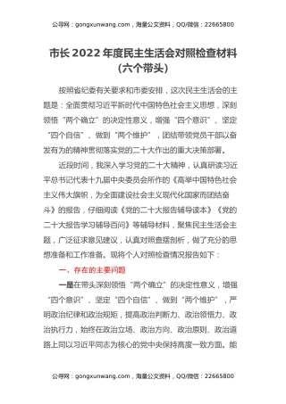 市长2022年度民主生活会对照检查材料（六个带头）