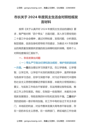 市长关于2024年度民主生活会对照检视发言材料（四个带头+违纪案例剖析） (2)