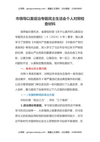 市领导以案促治专题民主生活会个人对照检查材料
