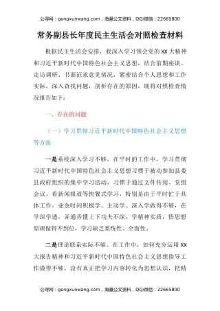 常务副县长年度民主生活会对照检查材料
