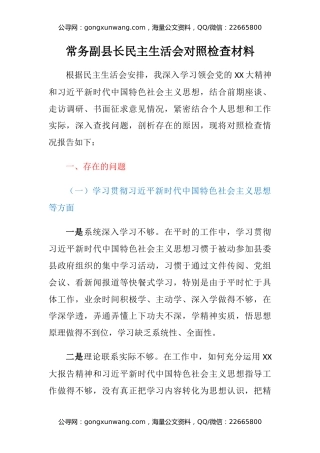 常务副县长民主生活会对照检查材料