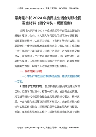 常务副市长2024年度民主生活会对照检视发言材料（四个带头+典型案例剖析）