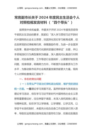 常务副市长关于2024年度民主生活会个人对照检视发言材料（“四个带头”+违纪行为典型案例剖析）