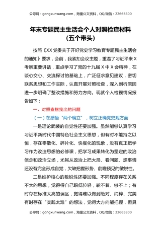 年末专题民主生活会个人对照检查材料（五个带头）