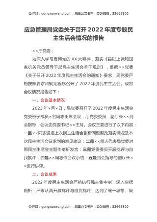 应急管理局党委关于召开2022年度专题民主生活会情况的报告