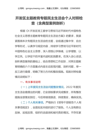 开发区主题教育专题民主生活会个人对照检查（新六个方面、含典型案例剖析）