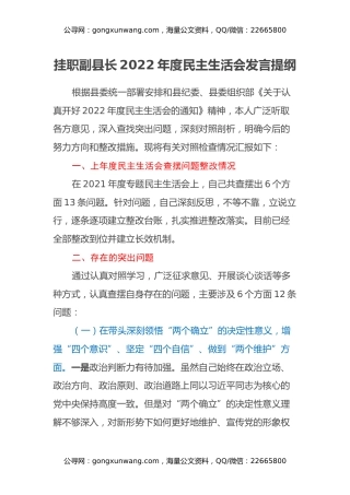 挂职副县长2022年度民主生活会发言提纲