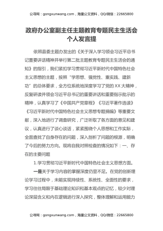 政府办公室副主任第二批主题教育专题民主生活会个人发言提纲（新六个方面）