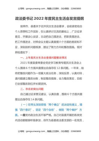 政法委书记2022年度民主生活会发言提纲