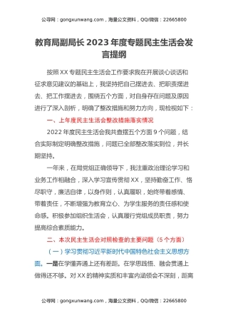 教育局副局长2023年度专题民主生活会发言提纲（五个方面）