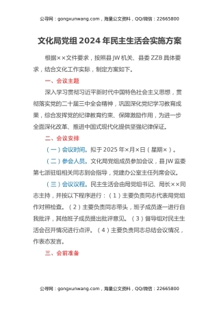 文化局党组2024年民主生活会实施方案