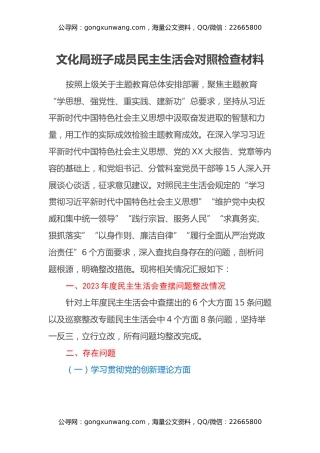 文化局班子成员民主生活会对照检查材料（上年度查摆问题整改情况）