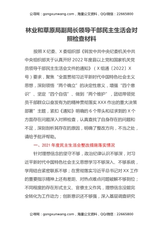 林业和草原局副局长领导干部民主生活会对照检查材料