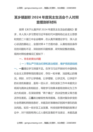 某乡镇副职2024年度民主生活会个人对照查摆剖析材料（四个带头+违纪行为典型案例剖析）
