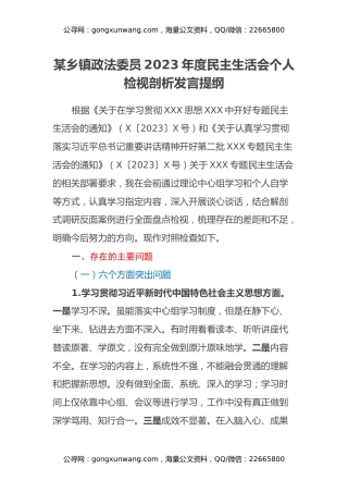 某乡镇政法委员2023年度第二批民主生活会个人检视剖析发言提纲（新六个方面）
