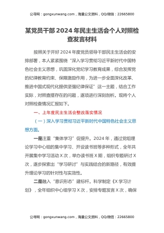 某党员干部2024年民主生活会个人对照检查发言材料（上年度整改落实情况+四个带头）