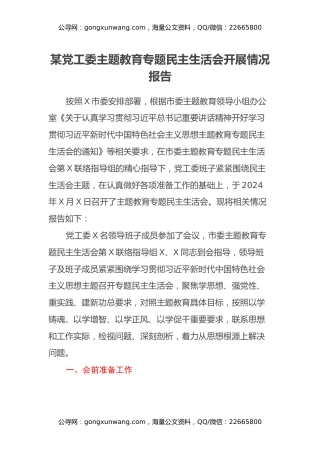 某党工委主题教育专题民主生活会开展情况报告