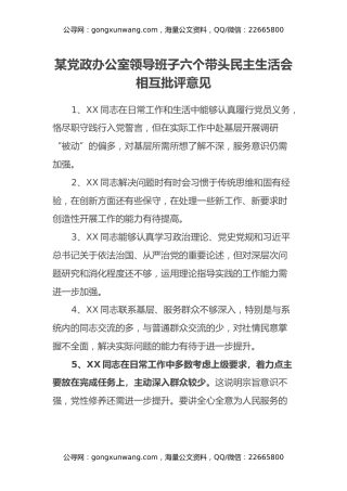 某党政办公室领导班子六个带头民主生活会相互批评意见