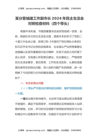 某分管城建工作副市长2024年民主生活会对照检查材料（四个带头）