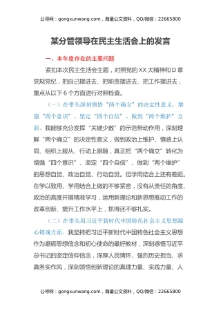 某分管领导在民主生活会上的发言