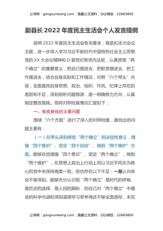 某副县长2022年民主生活会发言提纲